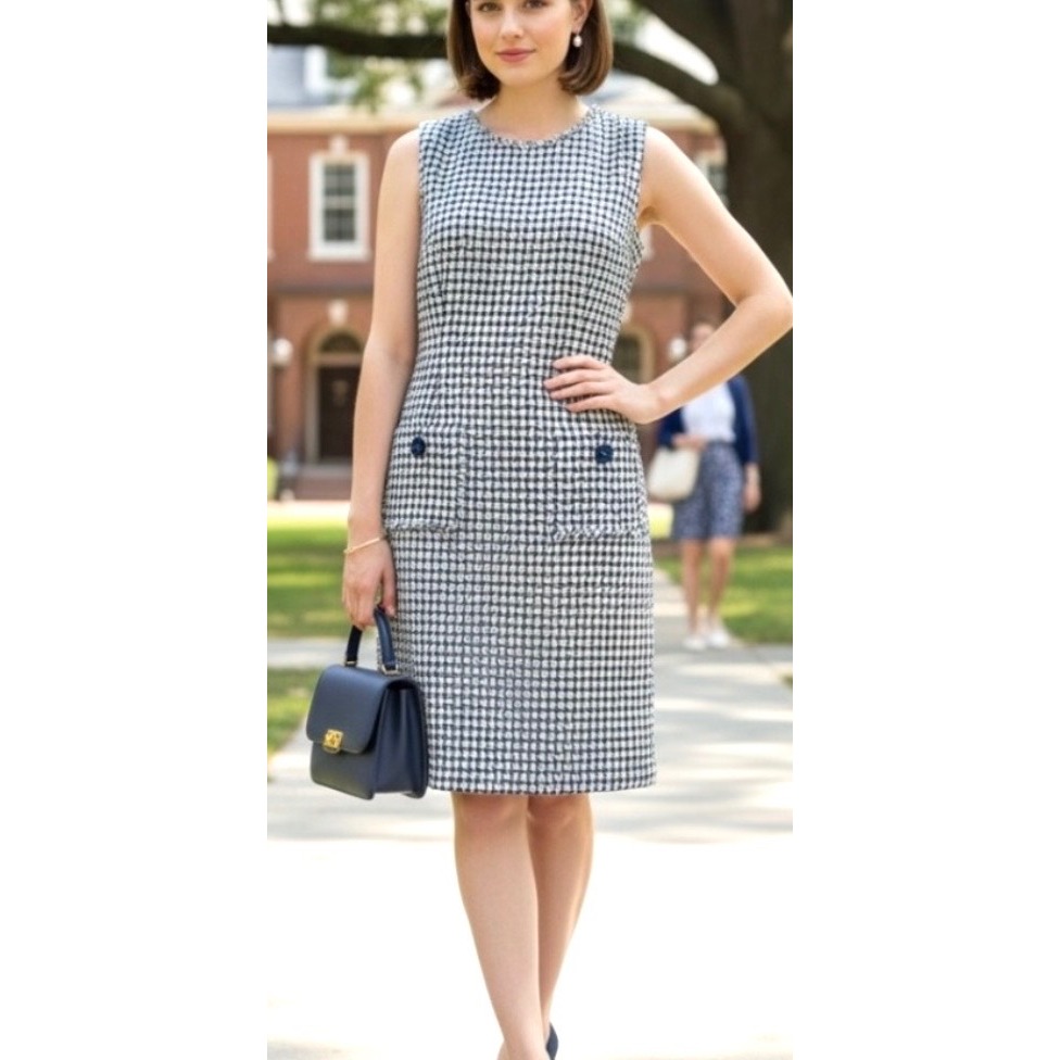 Karl Lagerfeld Paris Navy White Tweed Sleeveless Sheath Dress Fringe Size 8